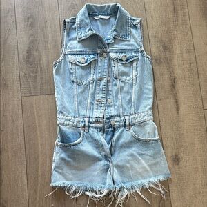 Zara Denim Sleeveless Romper with Frayed Hem size XS  Shorts
